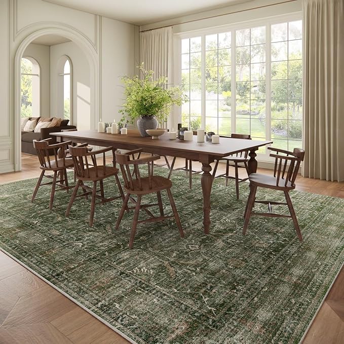 Washable 9x12 Area Rugs for Living Room, Boho Non-Slip Silicone Backing Rugs for Bedroom Dining Room Nursery Office, 0.3" Neutral Oriental Throw Carpet with 0.16" Cushioning Pad, Grass Green/Multi