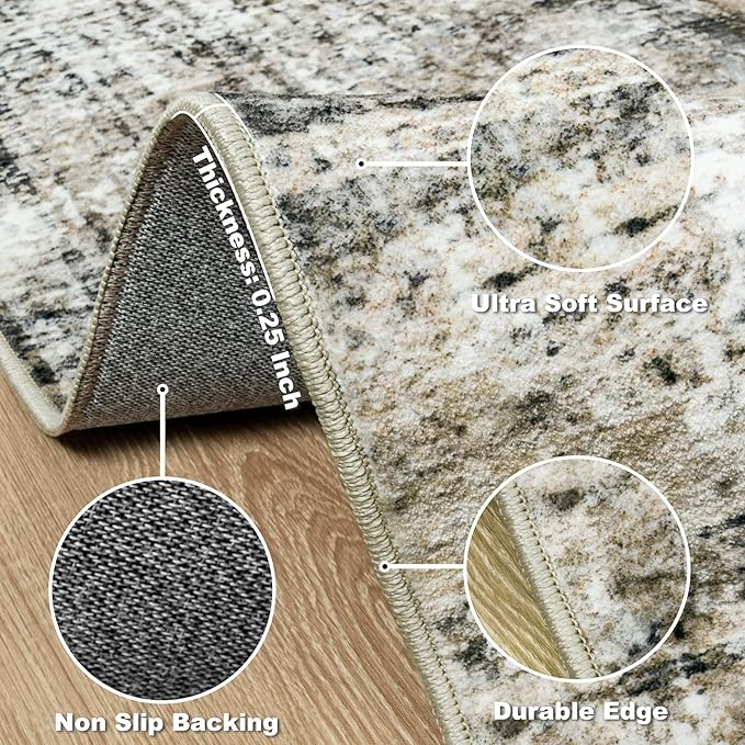 Washable Rug 6x9 Area Rugs: Abstract Washable Rugs with Non-Slip Backing, Stain Resistant Indoor Floor Carpet for Bedroom Dining Room Table Nursery Hallway Home Office Brown/Gray