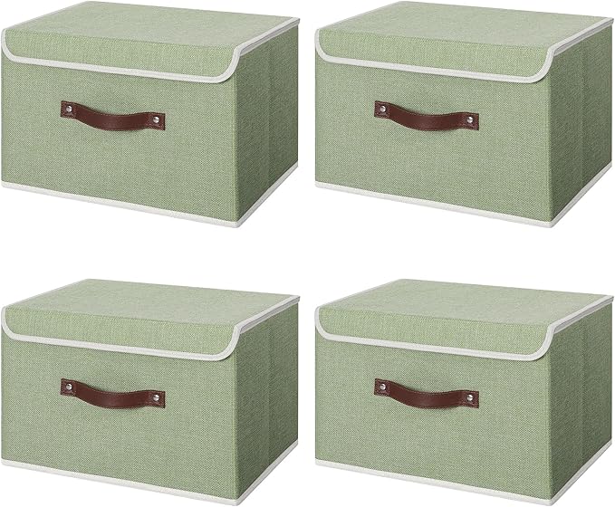 ANMINY 4PCS Storage Bins with Lid PU Leather Handles Storage Boxes PP Plastic Board Decorative Foldable Lidded Cotton Linen Fabric Home Cubes Baskets Closet Organizer Containers - Green, Large Size