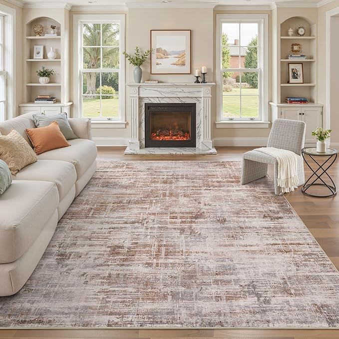Area Rug for Living Room: 12x15 Washable Neutral Abstract Modern Soft Rugs Non Slip Indoor Floor Stain Resistant Large Carpet for Bedroom Dining Room Office Nursery - Red Brown