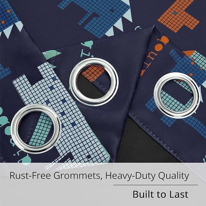 Kids Blackout Curtains - Pixel Dinosaur Curtains, 100% Blackout, 2 Panels, Each W52×L63, Thermal Insulated, Noise Reducing for Kids Bedroom, Bring a Playful and Retro Touch to Your Child’s Room