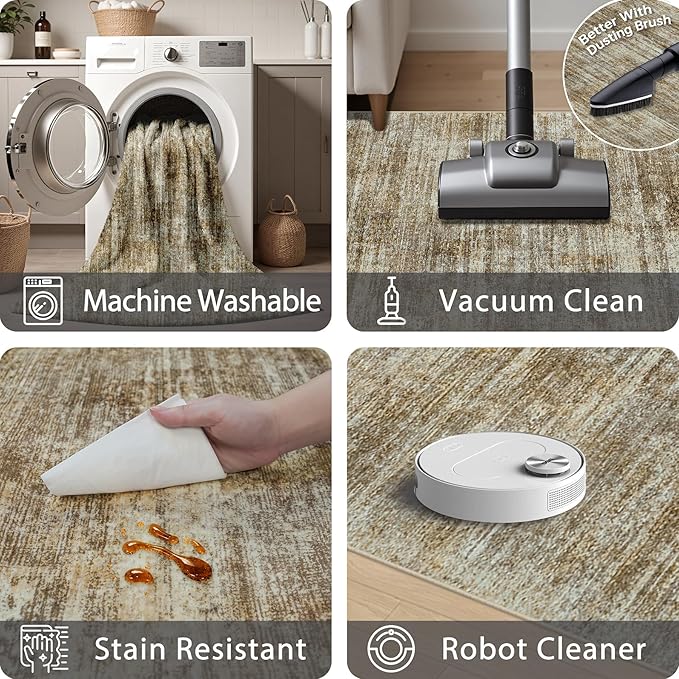 Area Rugs 8x10 Living Room Rugs: Large Modern Abstract Washable Rug with Non-Slip Backing, Thin Carpet for Dining Room Table Bedroom Nursery Indoor Home Office-Brown