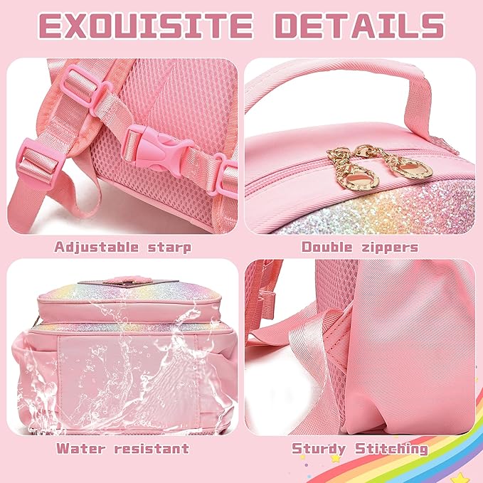 I IHAYNER Kids Glitter Lightweight Backpack for School Travel & Daycare, Toddler Backpack for Girls 3+ Preschool Kindergarten Elementary Kids Backpack-Rainbow Pink M