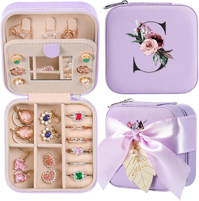 AYGXU Travel Jewelry Box for Women and Girls - Small Case With Initial A-Z - Teacher Gifts