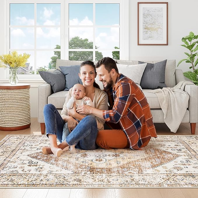 Lahome Rug for Living Room Machine Washable Area Rug 6x9 Boho Non Slip Bedroom Carpet Throw Ultra Thin Carpet for Dining Room, Farmhouse Neutral Print Soft Indoor Mat for Office Home (Taupe, 6'x9')