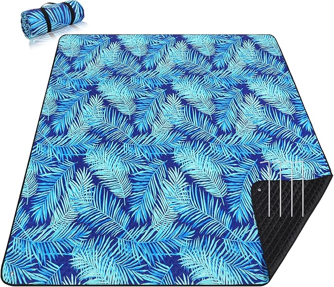 PY SUPER MODE Picnic Blankets Extra Large, Waterproof Foldable Outdoor Beach Blanket Oversized 83x79” Sandproof, 3-Layer Picnic Mat for Camping, Hiking, Travel, Park, Concerts(Blue Leaves)