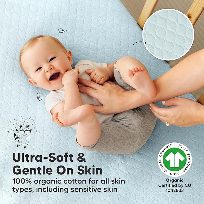 Waterproof Crib Mattress Protector Cover Fitted - 2-Pack Quiet Baby Crib Mattress Pad Sheets, 52" x 28" Soft Quilted Cotton Baby Sheet, Machine Washable, Easy Fit, Durable (Frost/Mavy)