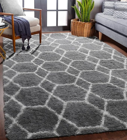 ONASAR 5x7 Area Rugs for Living Room Bedroom, Washable Fluffy Grey and White Faux Fur Bedside Rug, Geometric Boho Soft Plush Shaggy Floor Carpet Mat for Nursery Kids Girls Teen Dorm Home Decor