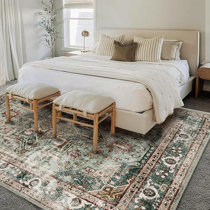 6'x9' Green Washable Area Rug Boho Chic Medallion Distressed Design Non-Shedding Easy Care Ideal for High Traffic Areas in Living Room Bedroom Office Kitchen Coffee Table Large Carpet