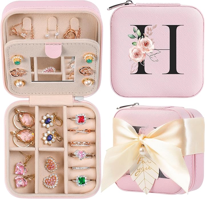 AYGXU Travel Jewelry Box for Women and Girls - Small Case With Initial A-Z - Teacher Gifts