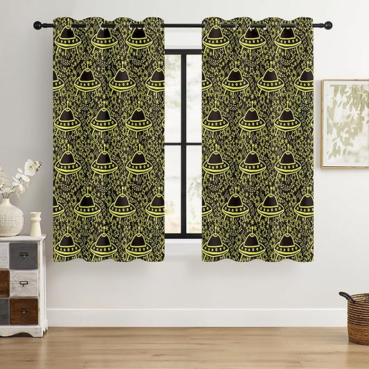 Kids UFO Blackout Curtains - 100% Blackout, Thermal Insulated, Noise Reducing, Perfect for Kids Room and Nursery, 2 Panels (Neon UFO Night, W52×L63)