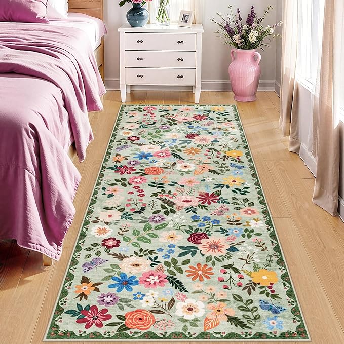 Runner Rug for Entryway: 2.6x8 Kitchen Rugs Non Slip Washable Ultra-Thin Soft Floral Carpet Indoor Floor Stain Resistant Carpets for Hallway Bedroom Kitchen Laundry Bathroom Dorm Green
