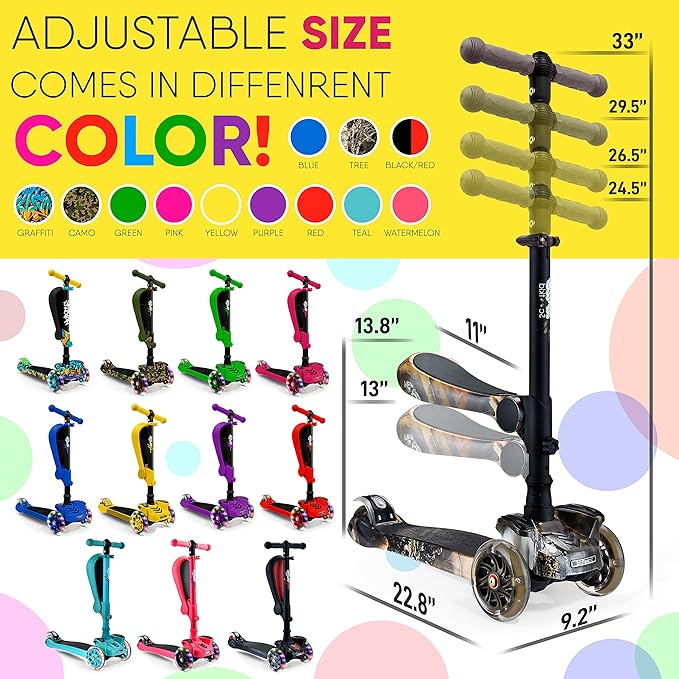 Hurtle 3-Wheeled Scooter for Kids - Wheel LED Lights, Adjustable Lean-to-Steer Handlebar, and Foldable Seat - Sit or Stand Ride with Brake for Boys and Girls Ages 1-14 Years Old