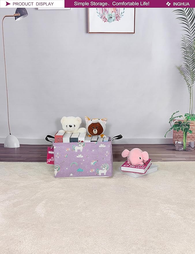 Rectangular Storage Basket Fabric Organizer Bin for Toys,Books,Clothes,Gifts,Pets-Perfect for Home,Office,Nursery,Dorm,Shelf(Rec-Unicorn)