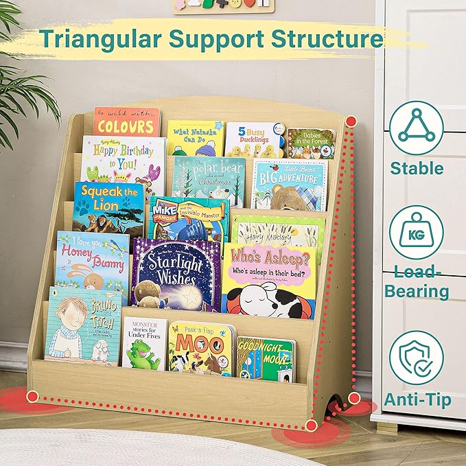 TOETOL 5-Tier Kids Bookshelf - Toddler Book Display Shelves for Classrooms, Playrooms, and Nursery - Wooden Children Book Rack (Natural)
