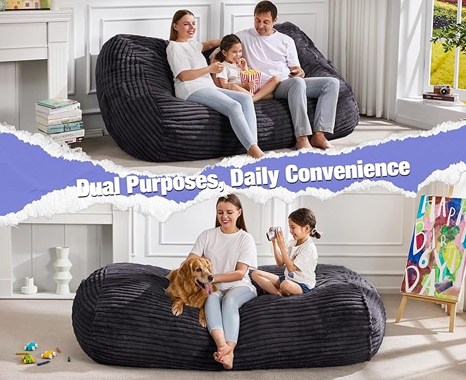 Hobestluk 6FT Bean Bag Chairs Adult Bean Bag with Portable Handle Comfy Large Bean Bag Lounge Chair with Removable Cover for Living Room Bedroom (Stripe Dark Grey, 6FT)