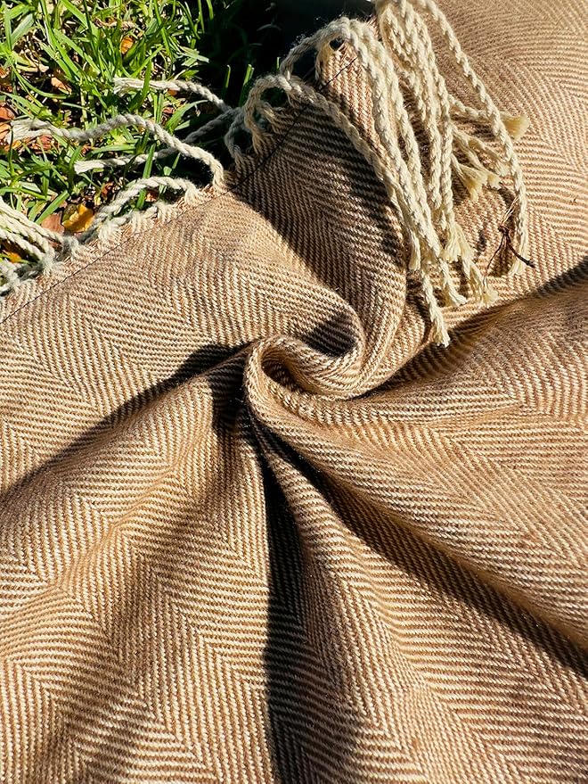 Picnic Blanket Extra Large Waterproof with Strap 59"x79" - Machine Washable Tassels Faux Wool Cashmere for Park, Grass, Camping, Hiking, Concerts (Coffee, 59"X79")