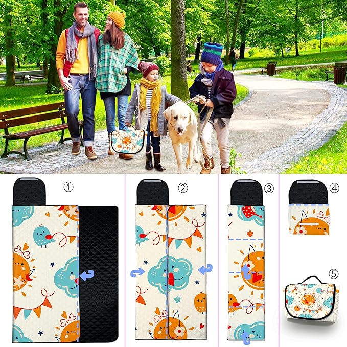 Poedist Extra Large Picnic Blanket Waterproof,80"x 80"Foldable Machine Washable Beach Blanket,Outdoor Blanket for 6-8 Adults,Suitable for Indoor Crawling,Park Beach,Camping,Hiking,Family Travel(Sun)