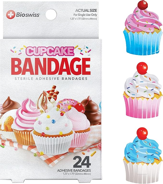 BioSwiss Bandages, Cupcake Shaped Self Adhesive Bandage, Latex Free Sterile Wound Care, Fun First Aid Kit Supplies for Kids, 24 Count