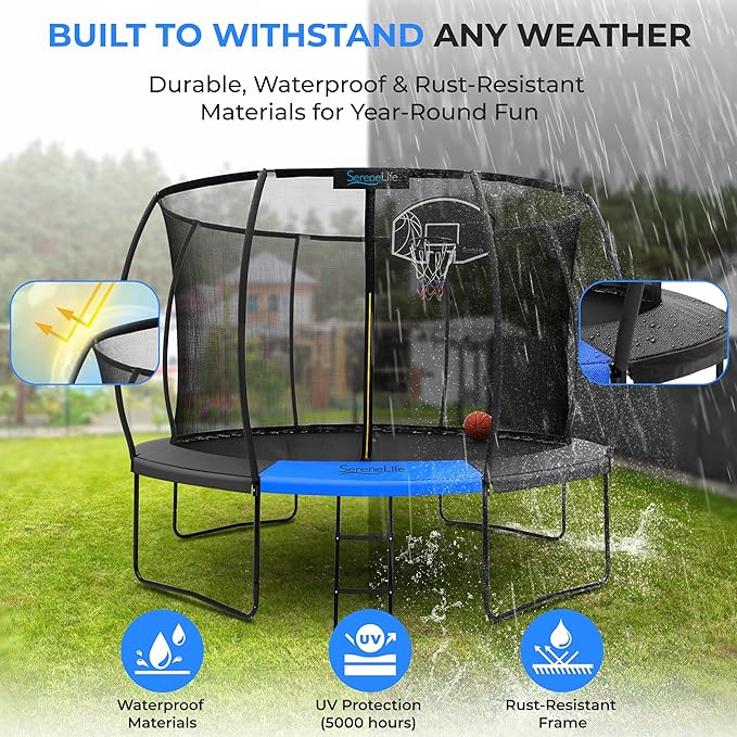 SereneLife 8FT 10FT 12FT 14FT Outdoor Trampoline for Kids - Recreational Backyard Trampoline with Curved Safety Poles and Net Enclosure- ASTM Approval for Kids Adults