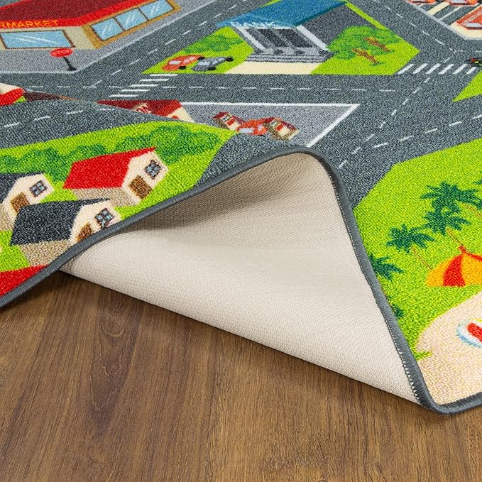 KC Cubs 5x7 City Streets Car Road Rug – Educational Non-Slip Play Mat for Kids, Toddlers, Nursery, Classroom, Playroom, Baby Daycare, Boy Girl Carpet
