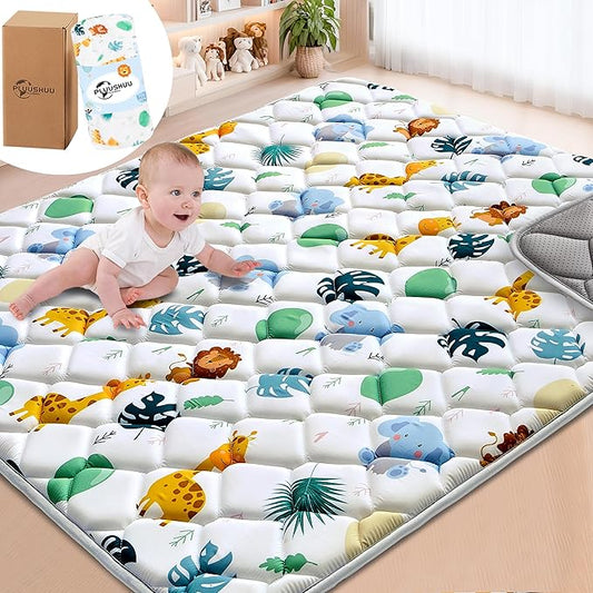 Baby Play Mats for Floor, 71x59 Playpen Mat for Babies, Extra Thicker & Soft Floor Crawling Mat, Foldable Non-Slip Playmat Cushioned for Infants Toddlers, Cute Animal Design