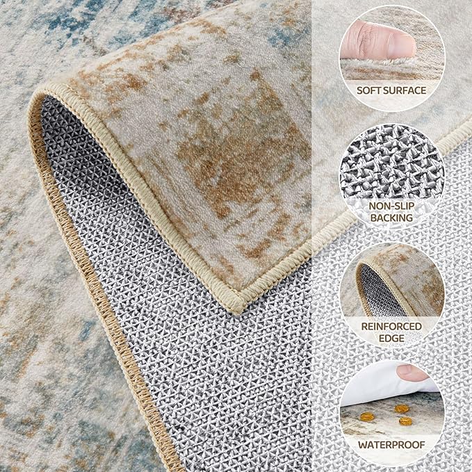 Area Rug for Living Room: 7x9 Washable Neutral Abstract Modern Soft Rugs Non Slip Indoor Floor Stain Resistant Large Carpet for Bedroom Dining Room Office Nursery - Blue Brown