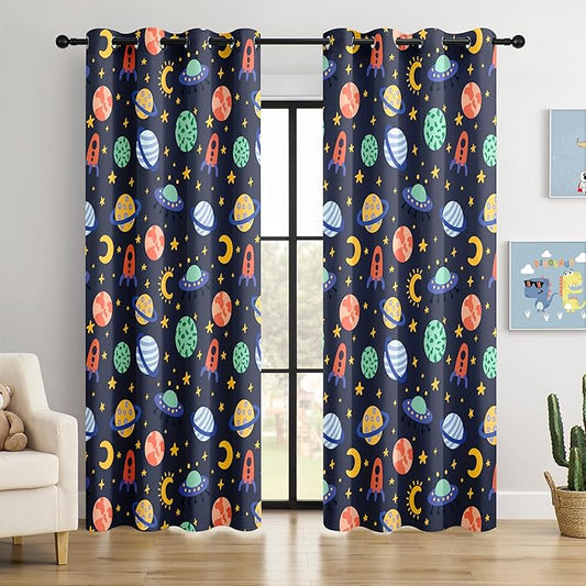 Kids Space Rockets Blackout Curtains - 100% Blackout, Thermal Insulated, Noise Reducing, Perfect for Kids Room and Nursery, 2 Panels (Color Pop Rockets, W52×L84)