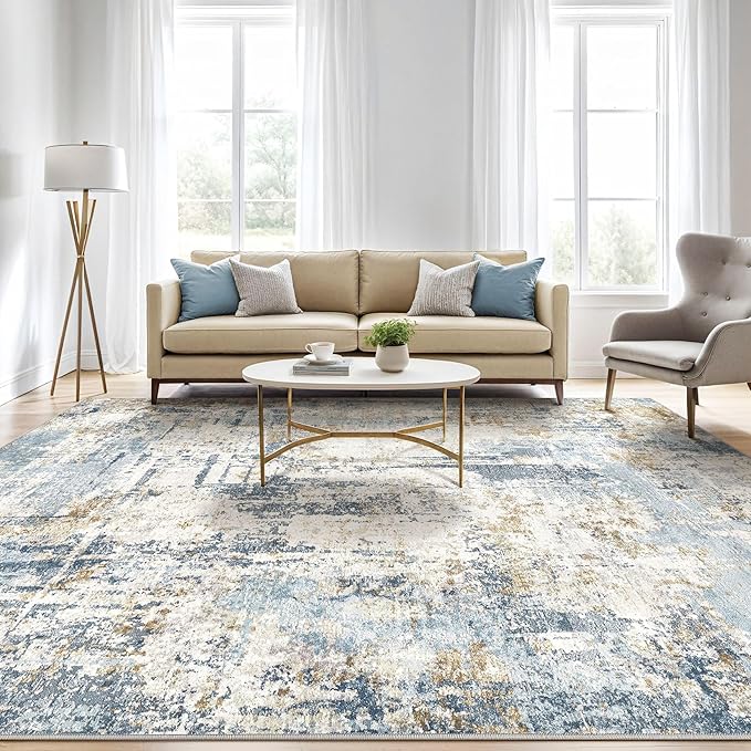 10x12 Area Rug Living Room: Washable Large Abstract Modern Soft Rugs Stain Resistant Indoor Floor Non Slip Accent Carpet for Bedroom Nursery Playroom Office Dining Room Dorm Home House- Light Blue
