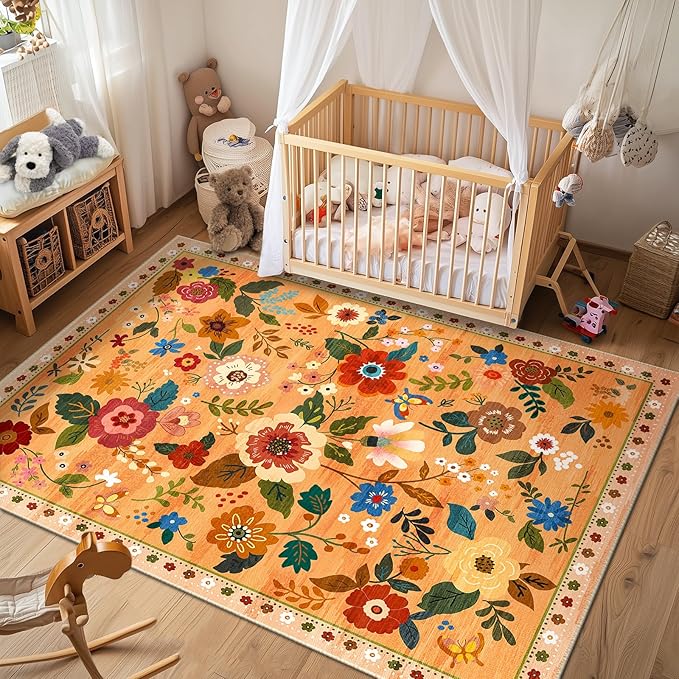 Floral 6x9 Area Rug Machine Washable Soft Print Boho Carpet Non Slip Doormat Low Pile Flower Area Rugs for Living Room Bedroom Nursery Kitchen Dining Room Indoor-Yellow/Orange