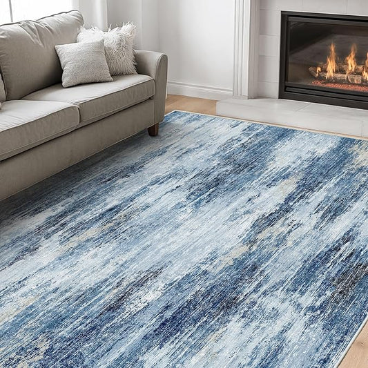 Amada 6x9 Washable Area Rug, Modern Abstract Living Room Rug with Non-Slip Backing & Short Pile, Large Rug with Abstract Pattern for Living Room, Bedroom and Dinning Room, Blue