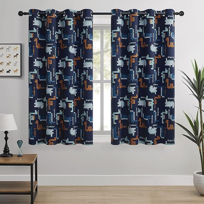 Kids Blackout Curtains - Pixel Dinosaur Curtains, 100% Blackout, 2 Panels, Each W52×L63, Thermal Insulated, Noise Reducing for Kids Bedroom, Bring a Playful and Retro Touch to Your Child’s Room