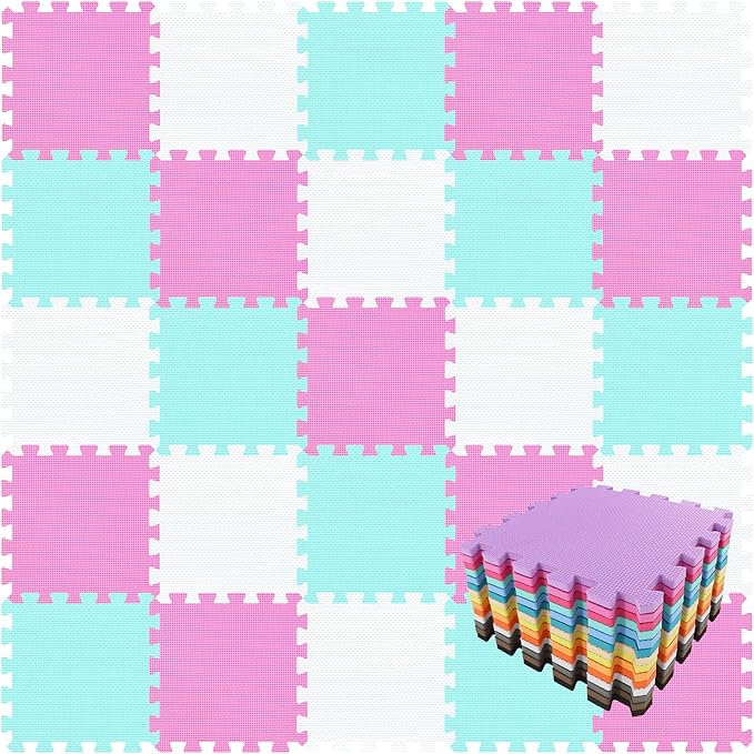 qqpp EVA Rubber 18 Tiles Interlocking Puzzle Foam Floor Mats - Baby Play Mat for Playing | Exercise Mat for Home Workout. White, Pink, Green. QC-ACHb18N