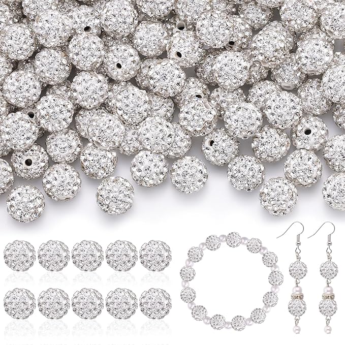 105pcs 10mm Rhinestone Beads for Jewelry Making, White Shiny Round Disco Ball Beads Bulk, Sparkle Crystal Clay Christmas Bead for Bracelet Baseball Necklace Earring Crafting and DIY