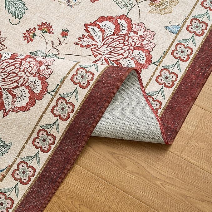 jinchan 4ft Floral Round Rug for Entryway Washable Kitchen Rug Vintage Romance Design Non Slip Indoor Doormat Lightweight Low-Profile Throw Carpet for Living Room Dining Room Bedroom, Red/Beige