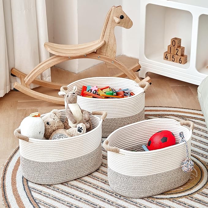 Storage Baskets for Organizing | 15"x10.2"x9.1" - 1 Pack Nursery Bin with Handles - Woven Cotton Rope Baskets for Dog Toys, Books, Shelf, Bathroom,Closet -Stylish Storage | White & Beige