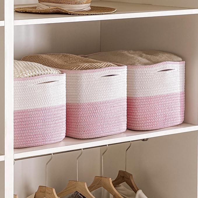 UBBCARE 4 Pack Baskets for Organizing, Woven Storage Baskets for Toys and Towel, Rectangle Cotton Rope Basket with Handles, 15''L x10''W x9''H, Pink