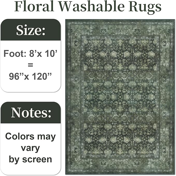 Large 8x10 Washable Area Rug for Living Room, Non Slip Vintage Traditional Rugs for Bedroom, Indoor Thin Accent Floral Nursery Carpet for Dining Room, Farmhouse (Distressed Green)
