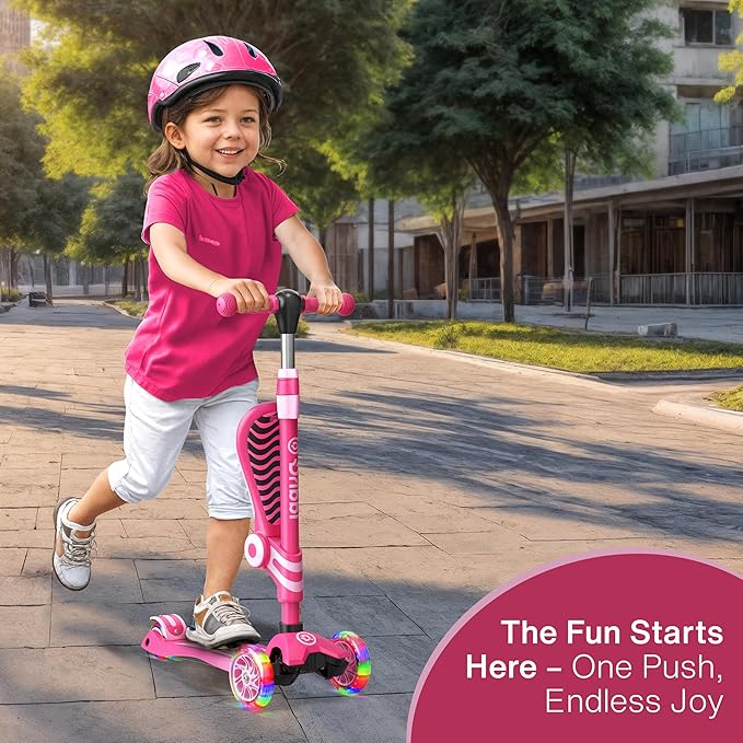 Pink 3 Wheel Scooter with Seat for Kids – Light-Up LED Wheels, Adjustable Handlebar and Seat, Smooth PU Wheels, Wide Anti-Slip Deck, Rear Foot Brake – Toddler Outdoor Toys for Ages 2+