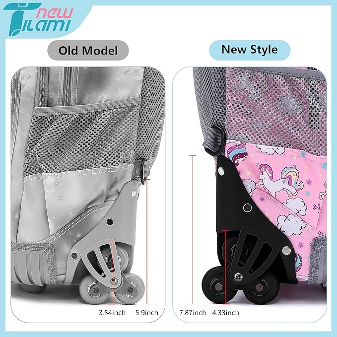 NEW TILAMI 18" Kids Rolling Backpack for School - Waterproof, Durable, Stair-Climbing, Variety of Colors Patterns for Girls & Boys, Cute Pink Unicorn