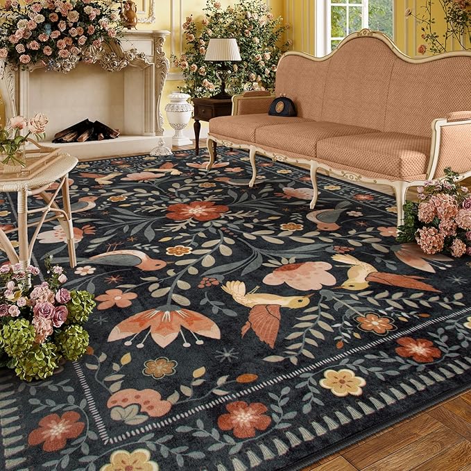 Moynesa Boho Bird Area Rug 9x12 for Living Room, Washable Rugs 9x12 Black Floral Bedroom Rug Low-Pile Soft Playroom Carpet, Jungle Pattern Vintage Rug Indoor Floor Carpet for Nursery