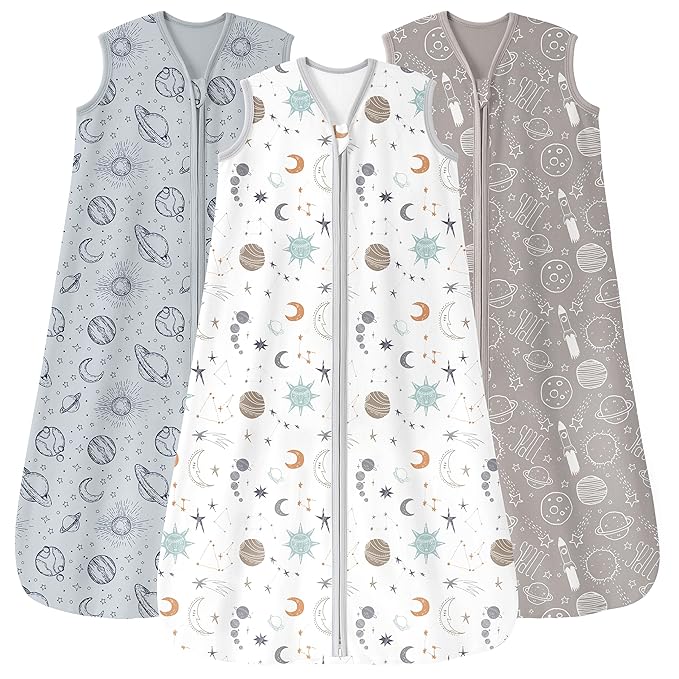 Baby Sleep Sack 12-18 Months 3 Pack 100% Cotton Lightweight 0.5 TOG Wearable Blanket Baby Sleep Bag with 2-Way Zipper for Newborn Infant White Gray Blue Space