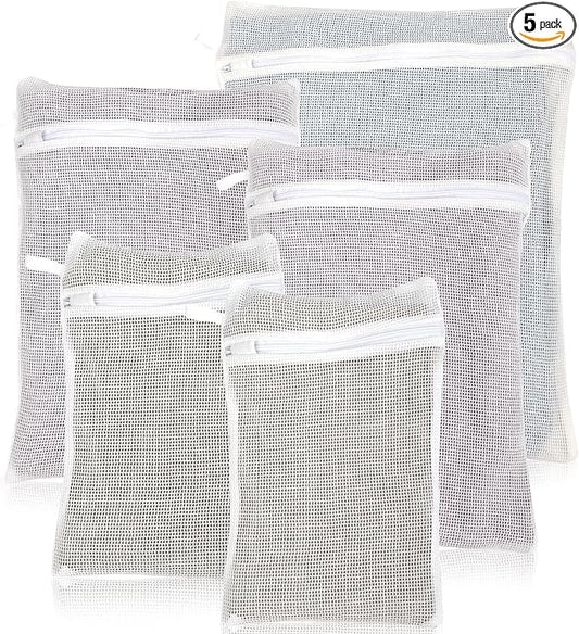5-Piece Organic Cotton Laundry Bags with Zipper and Hanging Loop, 3 Sizes (S, M, L) Mesh Laundry Bag, Durable Cotton Mesh Laundry Bag for Delicate Underwear and Socks.