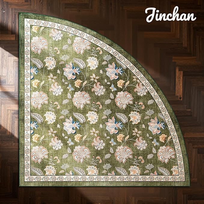 jinchan Floral Corner Rug for Living Room Washable Bedroom Rug Vintage Romance Design Non Slip Quarter Circle Lightweight Low-Pile Throw Carpet for Reading Nook Playroom,6ft Radius, Green