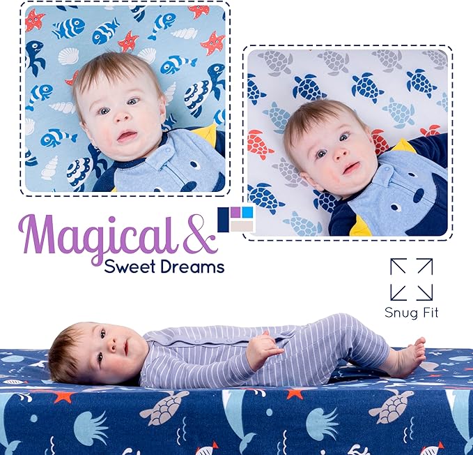 GROW WILD Blue Ocean Baby Crib Sheets for Boys (3 Pack) - Jersey Knit Fitted Sheet (52" x 28"), Toddler Bedding Set & Baby Boy Crib Bedding Set, Turtles and Sea Animals Theme