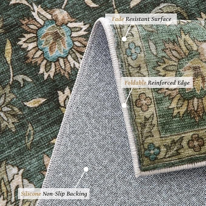 Washable 5x7 Area Rugs for Living Room, Boho Non-Slip Silicone Backing Rugs for Bedroom Dining Room Nursery Office, 0.3" Neutral Oriental Throw Carpet with 0.16" Cushioning Pad, Sage Green/Multi