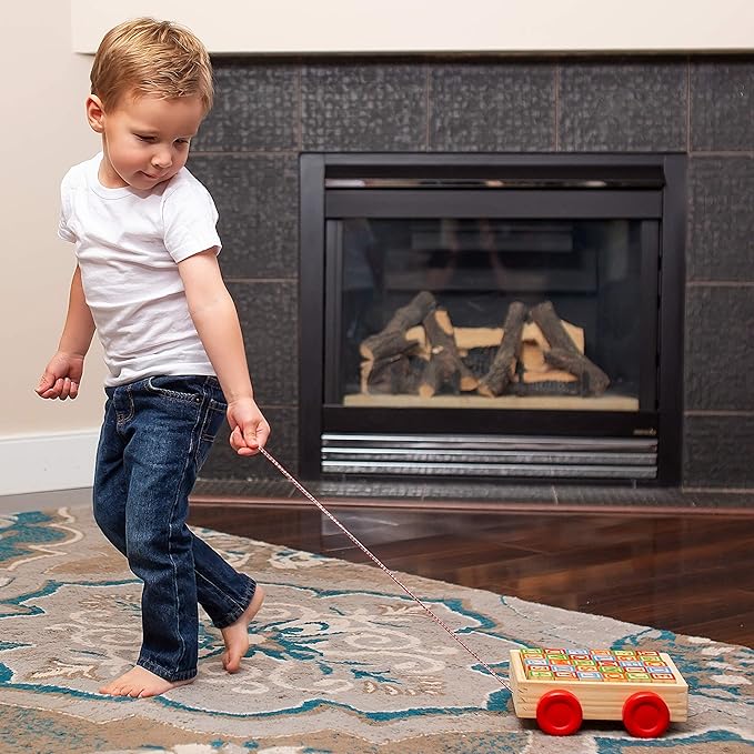 Building Blocks for Toddlers 1-3 Years Old, 30 Large Stackable Wooden Baby Blocks with Alphabet and Number Icons on Every Side, Toy Wagon Included﻿