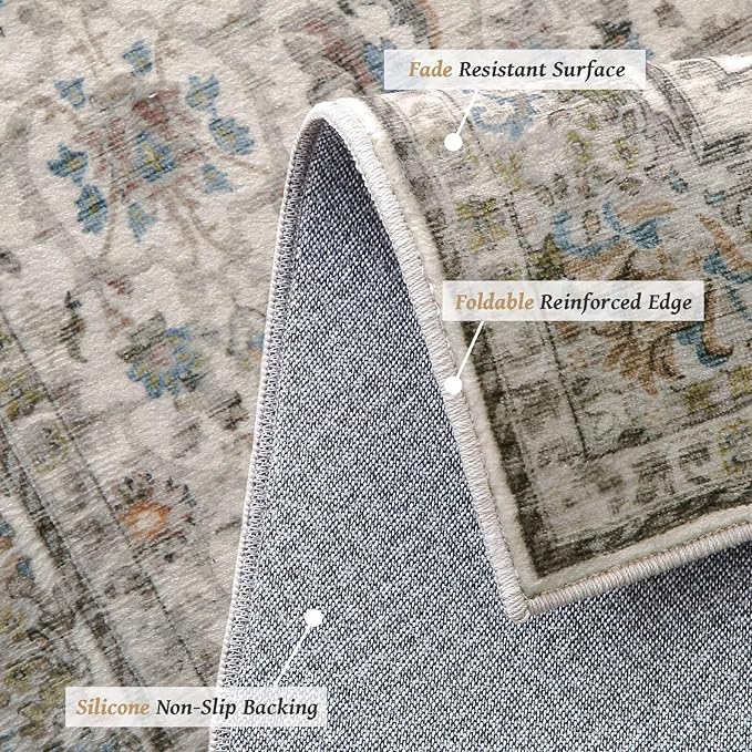 Washable 6x9 Area Rugs for Living Room, Boho Non-Slip Silicone Backing Large Rugs for Bedroom Dining Room Nursery Office, 0.3" Neutral Oriental Throw Carpet with 0.16" Cushioning Pad, Cream/Multi