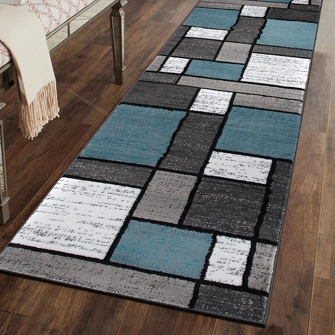 Rugshop Contemporary Modern Boxes for Home Office,Living Room,Bedroom,Kitchen Non Shedding Runner Rug 2'7" x 12' Blue