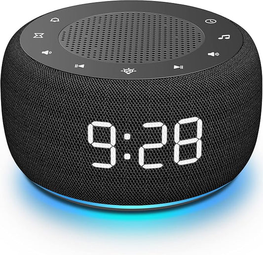 Buffbee Sound Machine & Alarm Clock 2-in-1, 0-100% Clock Face Brightness, Bottom Colored Light, Sleep Timer, Precise 30-Level Volume Control White Noise Machine